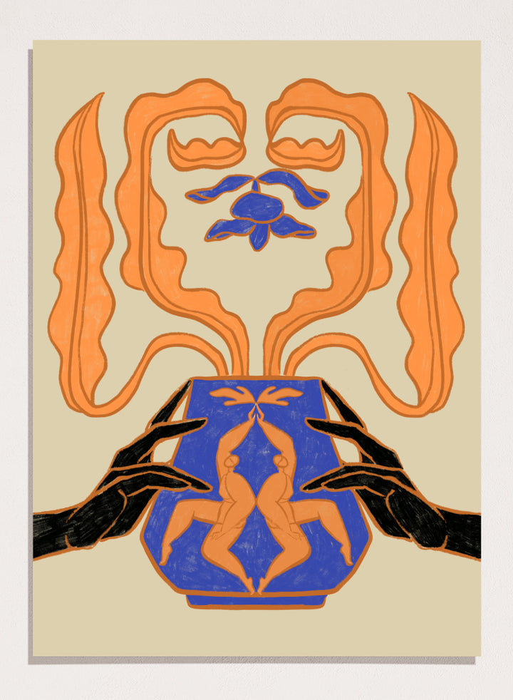 Decorative design with hands holding a vase featuring abstract floral patterns on a beige background. Vessel Collection: New Beginnings by Arty Guava art print, modern vase wall poster with mirrored figures, contemporary blue orange minimalist illustration.