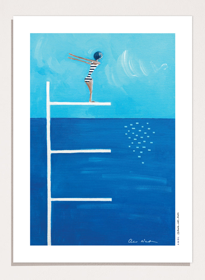Ready to Dive by Awol Art Alex is a playful modern art print featuring a striped swimmer, tall diving board, vivid blue water, and retro summer style.