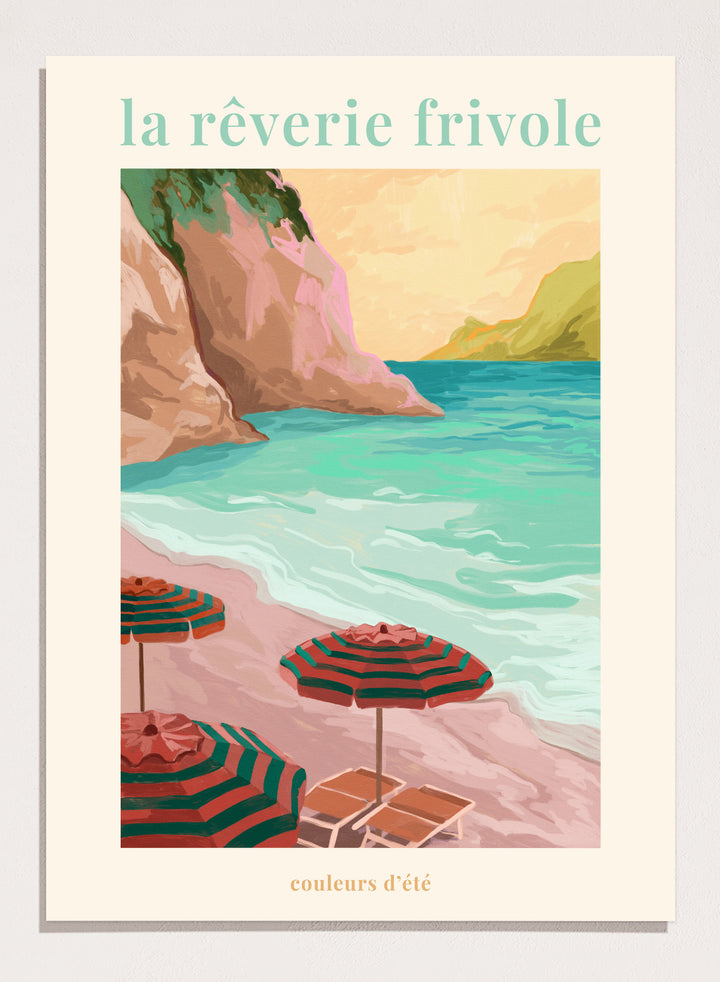 Beach scene with striped umbrellas and cliffs, featuring the text 'la reverie frivole'. La Rêverie Frivole Beach by Goed Blauw is a coastal art print and wall poster featuring striped umbrellas, turquoise water, and a warm seaside landscape.
