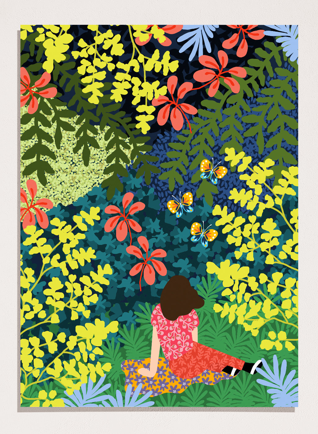 Illustration of a person sitting among colorful flowers and foliage. Picnic in the Forest by Rafaela Mascaro fine art print featuring lush botanical forest, oversized leaves, butterflies, modern colorful wall art poster.