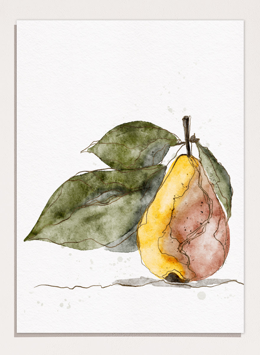 Watercolor painting of a pear with green leaves on a white background. Shop Earthy Pear Watercolor by Ankie Kooi, a botanical fruit wall art print poster featuring watercolor pear art, kitchen decor, green leaves, yellow, and pink.