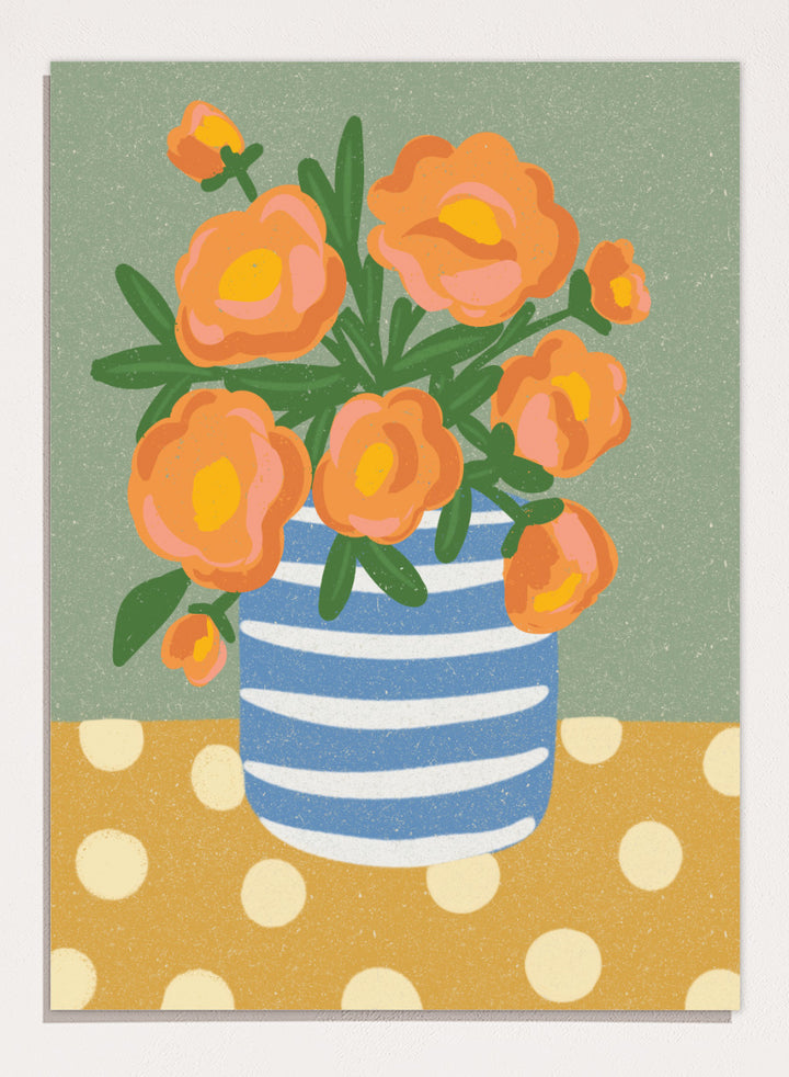 Shop Orange Floral Still Life by Nikita Jariwala, a floral wall art print poster featuring orange flowers in a blue striped vase with playful botanical details.