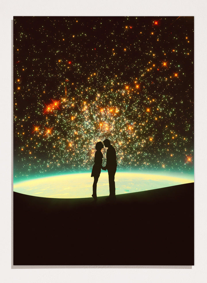 Silhouette of a couple against a starry night sky with Earth in the background. A Cosmic Kiss by Taudalpoi romantic couple silhouette art print with glowing stars and cosmic horizon surreal poster wall art.