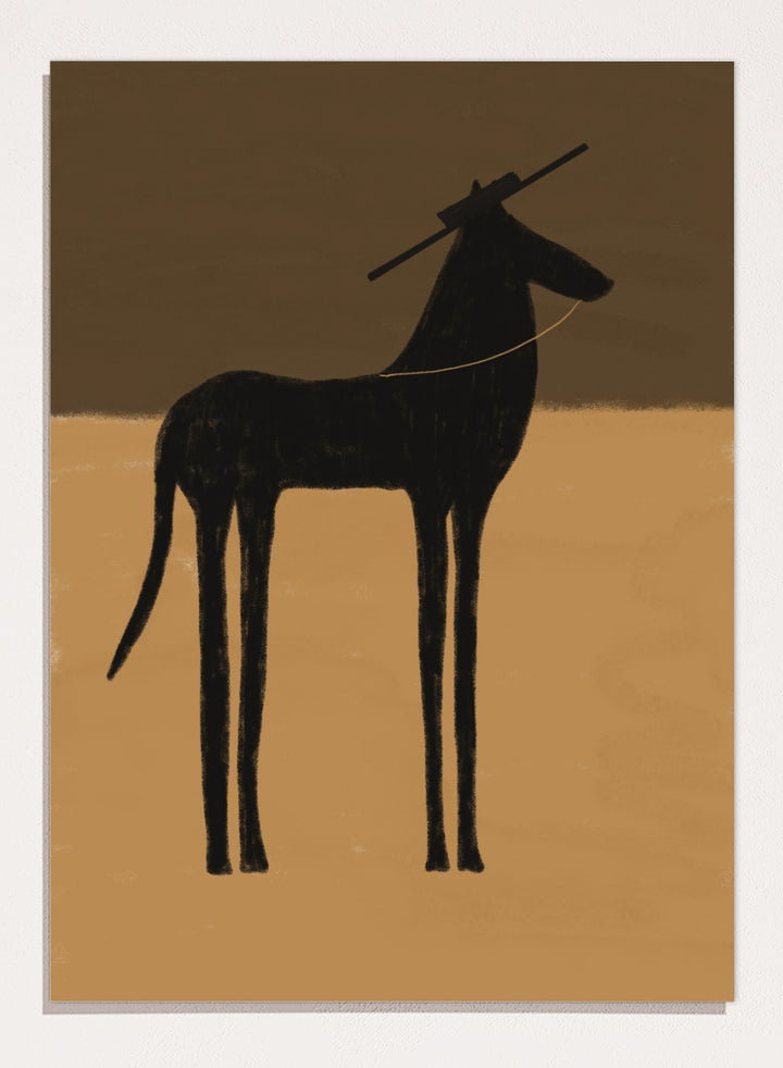 A minimalist art print featuring a black silhouette of a long-legged animal, possibly a zebra or antelope, standing against a two-tone brown background. The Unspoken Story by The Art Concept animal art print featuring a tall black horse in a wide hat against warm brown and sand tones.
