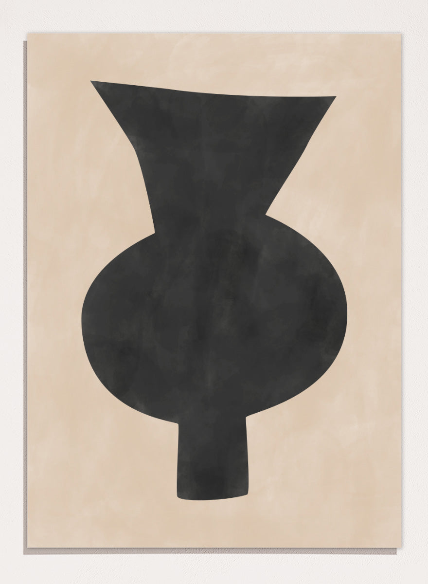 Shop Abstract Black Vase by Elena Ristova, a modern minimalist wall art print poster featuring an oversized black vase silhouette on a soft beige background.