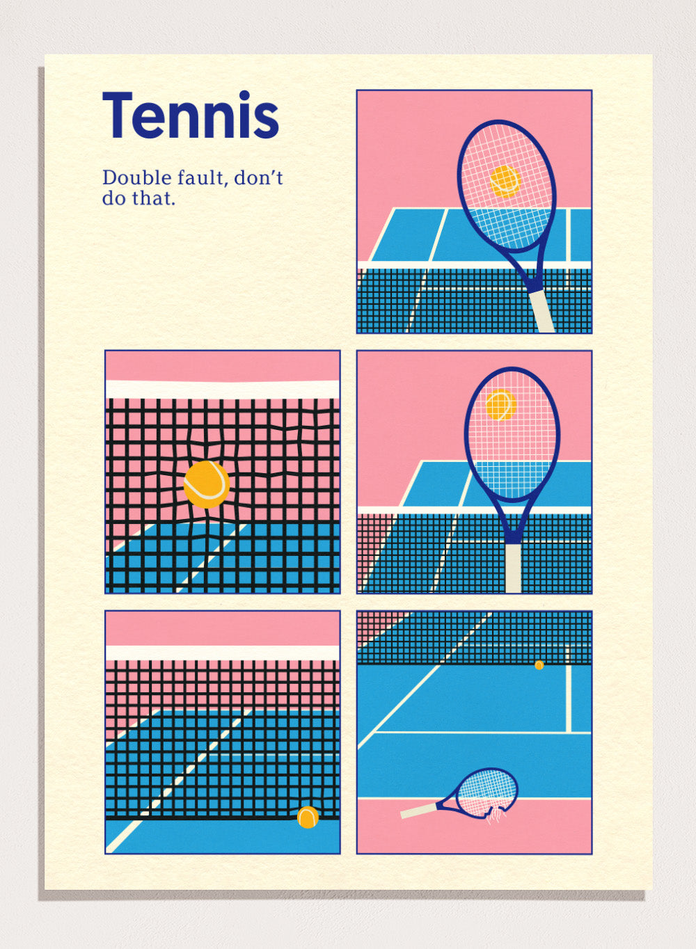 Illustrated poster of tennis with racquets and ball on a pink and blue background. Tennis Double Fault by Rosi Feist is a minimalist tennis poster with graphic court design, modern sports wall art, officially licensed fine art print.