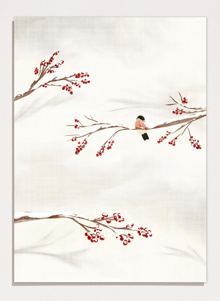 Shop Winter Bird With Berries by Nikita Jariwala, a winter bird wall art poster print featuring snowy branches, red berries, soft neutrals, and delicate seasonal detail.