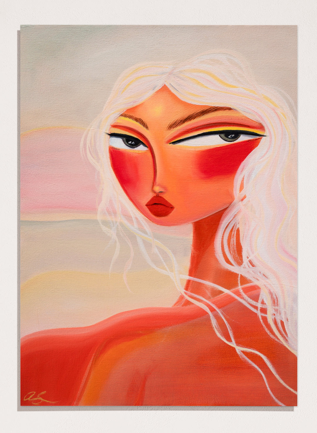Abstract painting of a woman with a stylized face and flowing hair. Blonde Sunset Gaze by Amy Straley is a contemporary figurative art print featuring a feminine portrait, warm sunset tones, and modern expressive wall art.