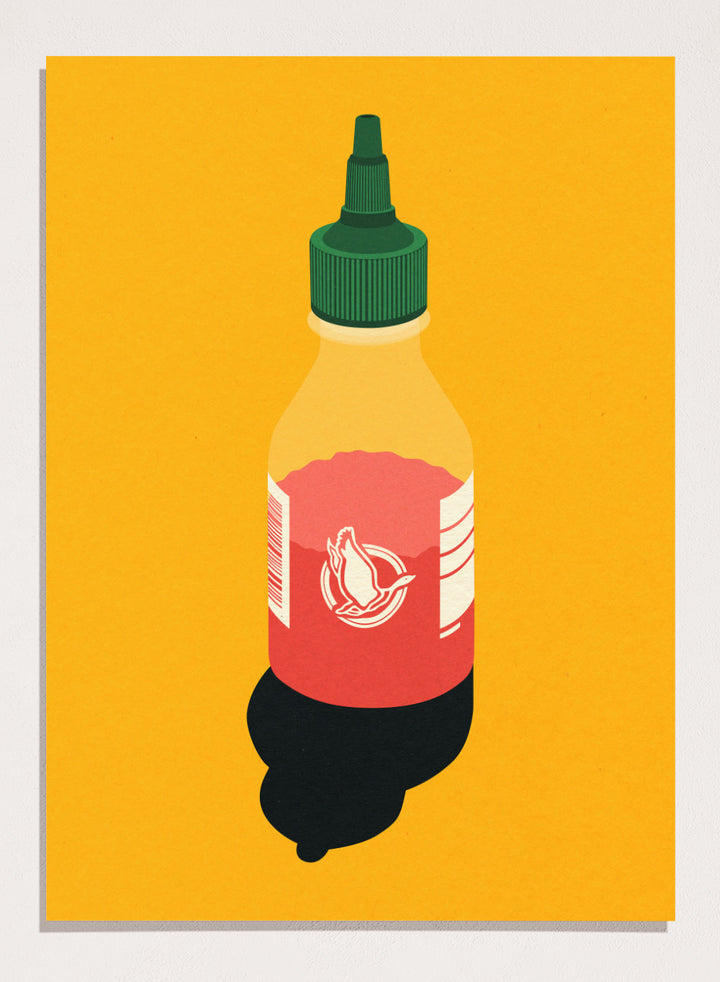 Chilli sauce bottle illustration on a yellow background. Chilli Sauce by Rosi Feist is a bold kitchen art print featuring a hot sauce bottle in modern graphic style. Contemporary food poster wall art.