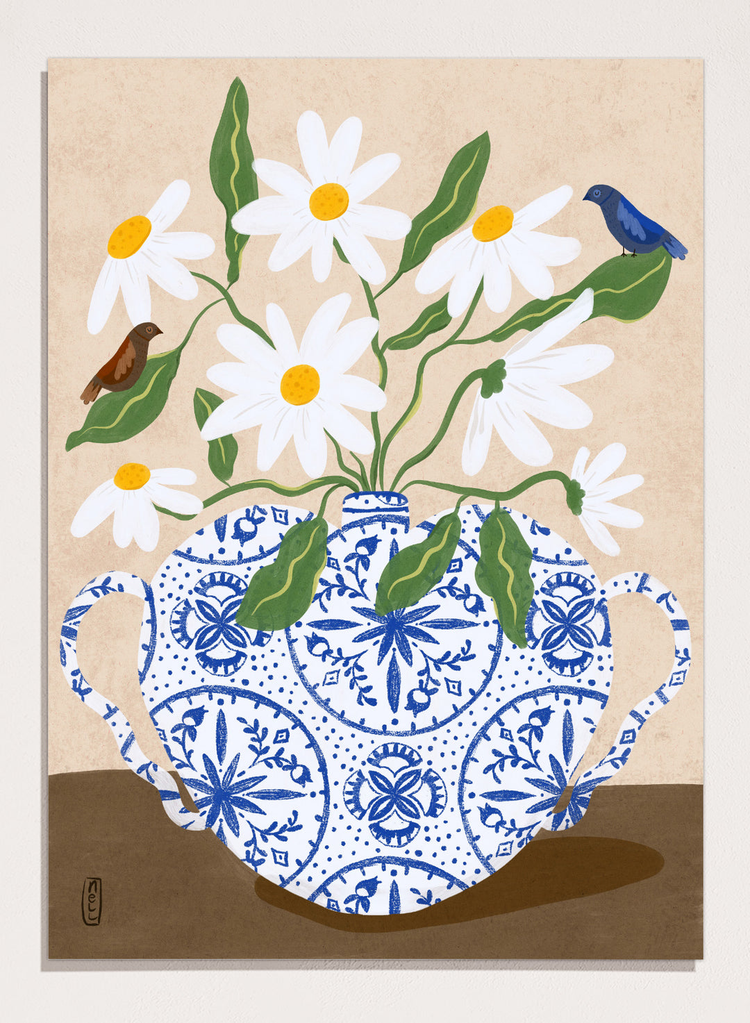 Decorative illustration of a blue and white teapot with daisies and birds on a beige background. Daisies In Blue Teapot by Dirkie Nell is a floral art print featuring white daisies, blue pottery, birds, and hand painted botanical details.