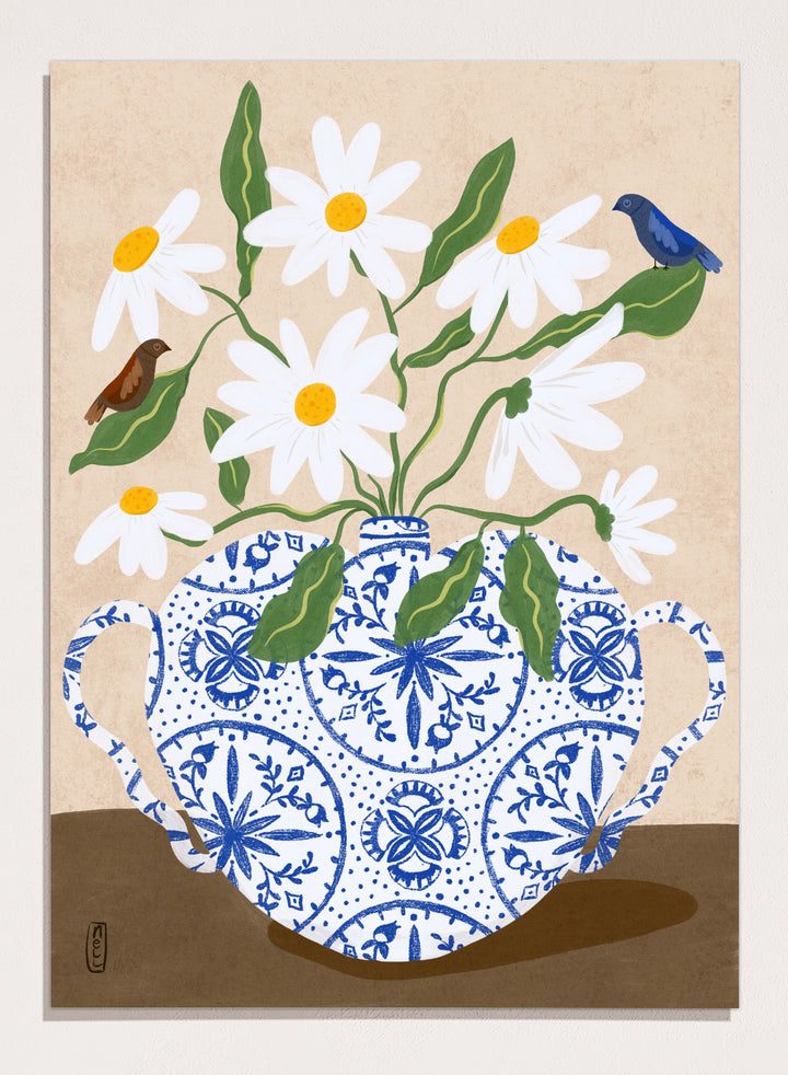 Decorative illustration of a blue and white teapot with daisies and birds on a beige background. Daisies In Blue Teapot by Dirkie Nell is a floral art print featuring white daisies, blue pottery, birds, and hand painted botanical details.
