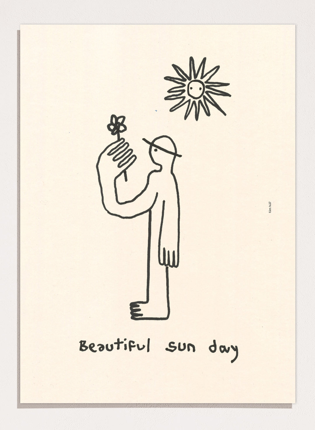 Black line drawing of a person with a flower and a sun, with 'Beautiful sun day' text on a beige background. Untitled by Eden Kalif is a modern line art print of a figure holding a flower under the sun, a contemporary minimalist wall poster with simple expressive drawing.