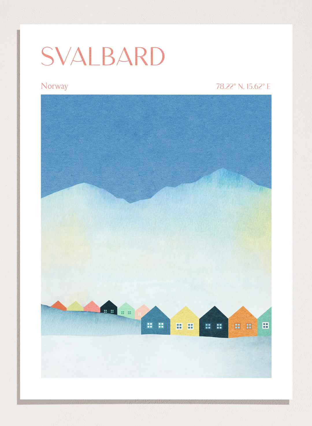 Poster of Svalbard with colorful houses and mountain landscape. Colorful Svalbard Winter Village by Longwayhome is a minimalist Scandinavian landscape art print featuring pastel houses, snowy mountains, and modern Nordic design.