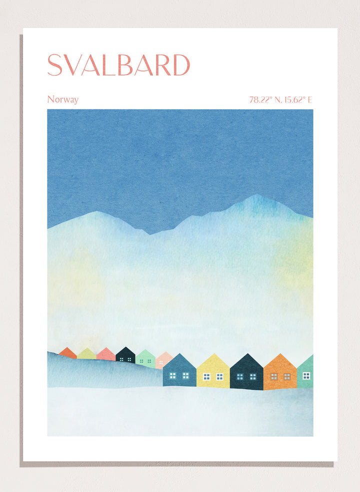 Poster of Svalbard with colorful houses and mountain landscape. Colorful Svalbard Winter Village by Longwayhome is a minimalist Scandinavian landscape art print featuring pastel houses, snowy mountains, and modern Nordic design.