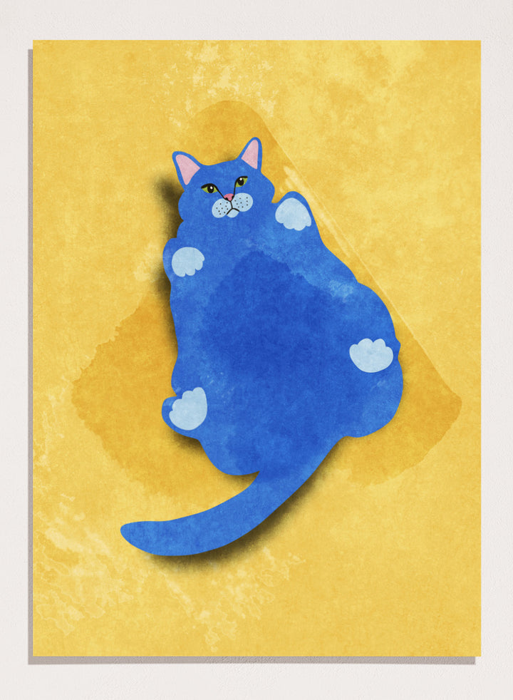 Blue cat illustration on a yellow textured background. Fat Cat by Raissa Oltmanns is a modern cat art print featuring a bold blue feline on yellow background in contemporary wall poster style.