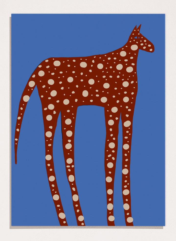Spotted Long Legged Horse by The Art Concept playful animal art print featuring an elongated spotted horse against a bold blue background.