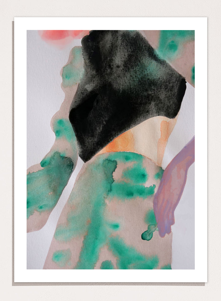 Shop Abstract Fashion Figure by Sophia Novosel, a modern figurative wall art print poster featuring a cropped woman, black top, and loose green and peach washes.