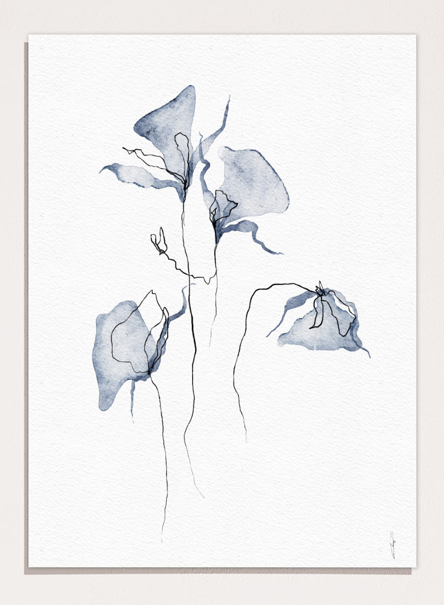 Abstract watercolor painting of three blue-gray calla lilies with fine black line details on a white textured background. Shop Ethereal Blue Flowers by Ankie Kooi, a floral wall art print poster with abstract watercolor flowers, botanical line art, blue, cream, and black.