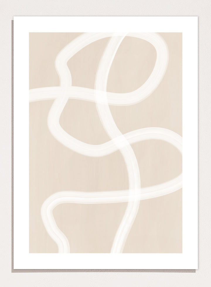 Shop Soft Abstract Flow by Elena Ristova, a neutral abstract wall art print poster featuring looping white brushstrokes on a warm beige background.
