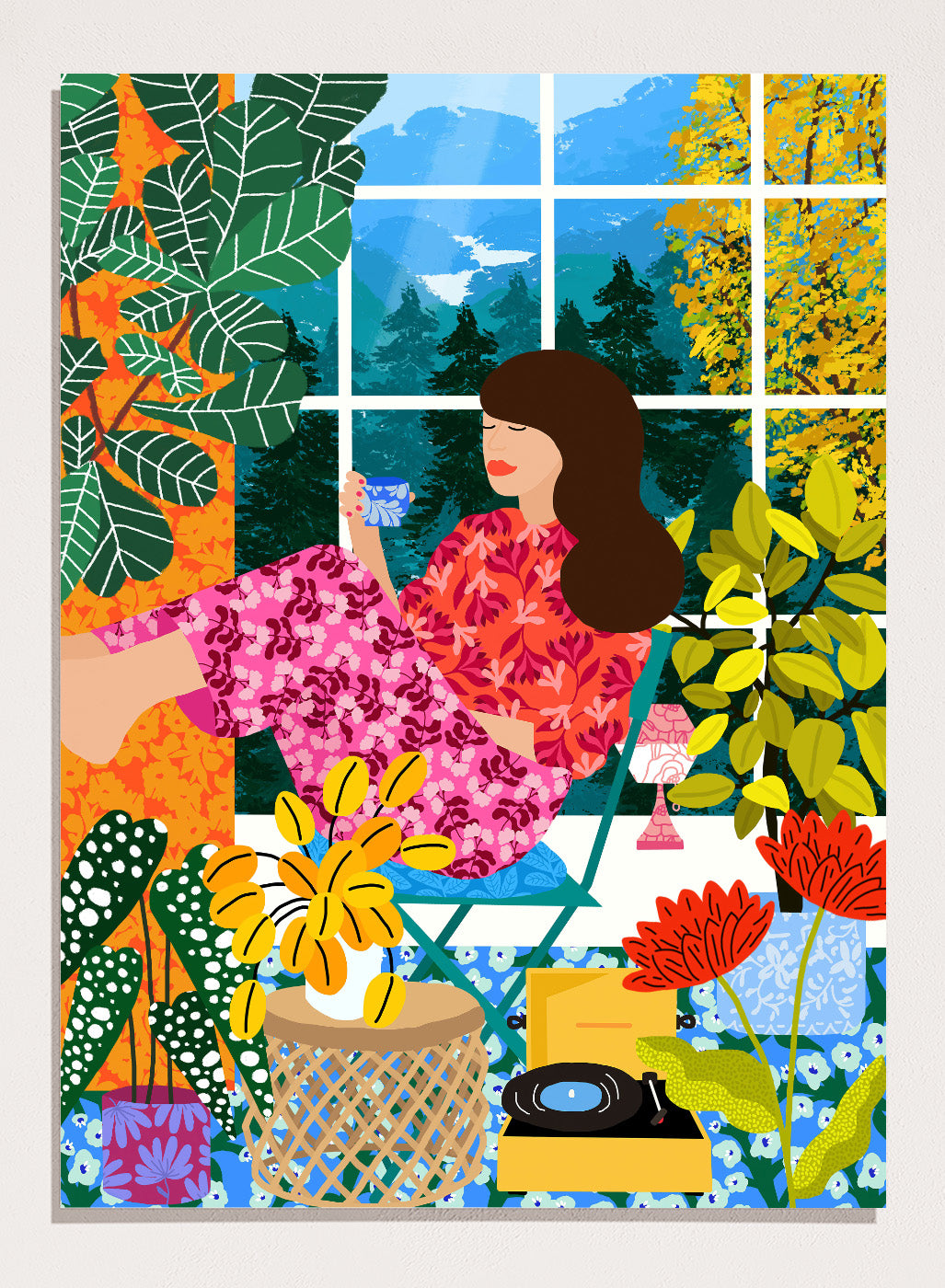 Illustration of a woman sitting by a window with a cup, surrounded by plants and flowers. Listening To the Sound of Nature by Rafaela Mascaro fine art print featuring woman by window, botanical interior, colorful plants, modern contemporary wall art poster.