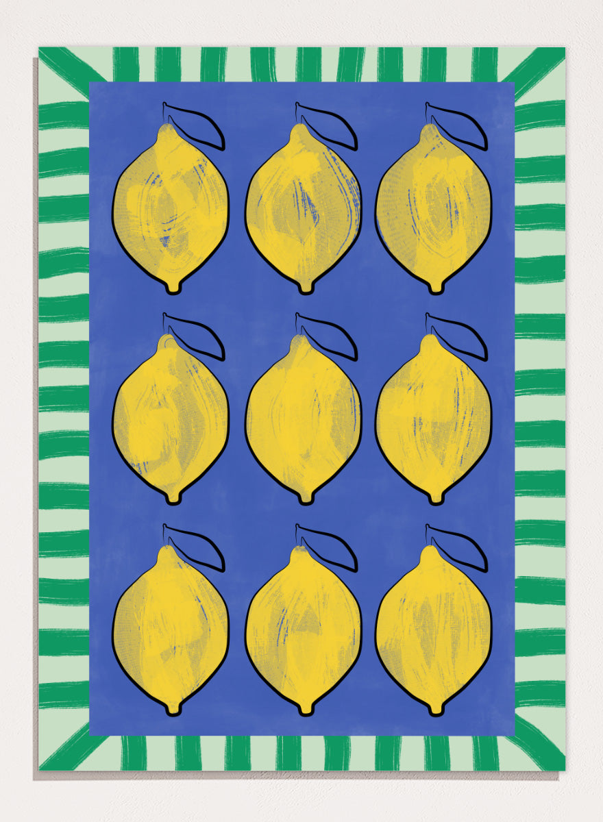Shop Vibrant Lemons Blue Grid by Elena Ristova, a colorful lemon wall art print poster in yellow, blue, and green with a bold graphic grid design.
