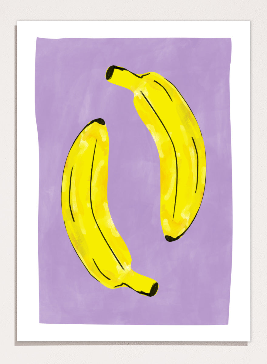Shop Playful Purple Bananas by Elena Ristova, a colorful banana wall art print poster featuring two bright yellow bananas on a soft purple background with bold black details.