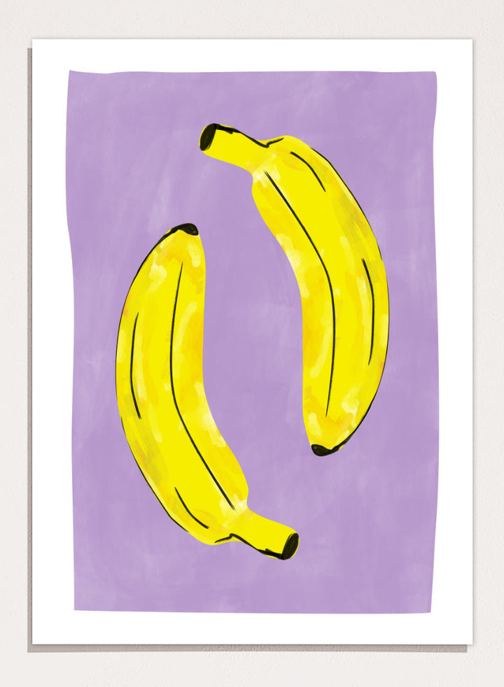 Shop Playful Purple Bananas by Elena Ristova, a colorful banana wall art print poster featuring two bright yellow bananas on a soft purple background with bold black details.