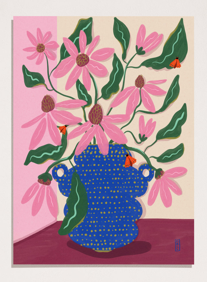 Artistic depiction of a blue vase with pink flowers on a pink background. Cone Flowers in a Pot by Dirkie Nell is a colorful floral art print with pink blooms, butterflies, and a bold blue vase. Officially licensed wall poster.