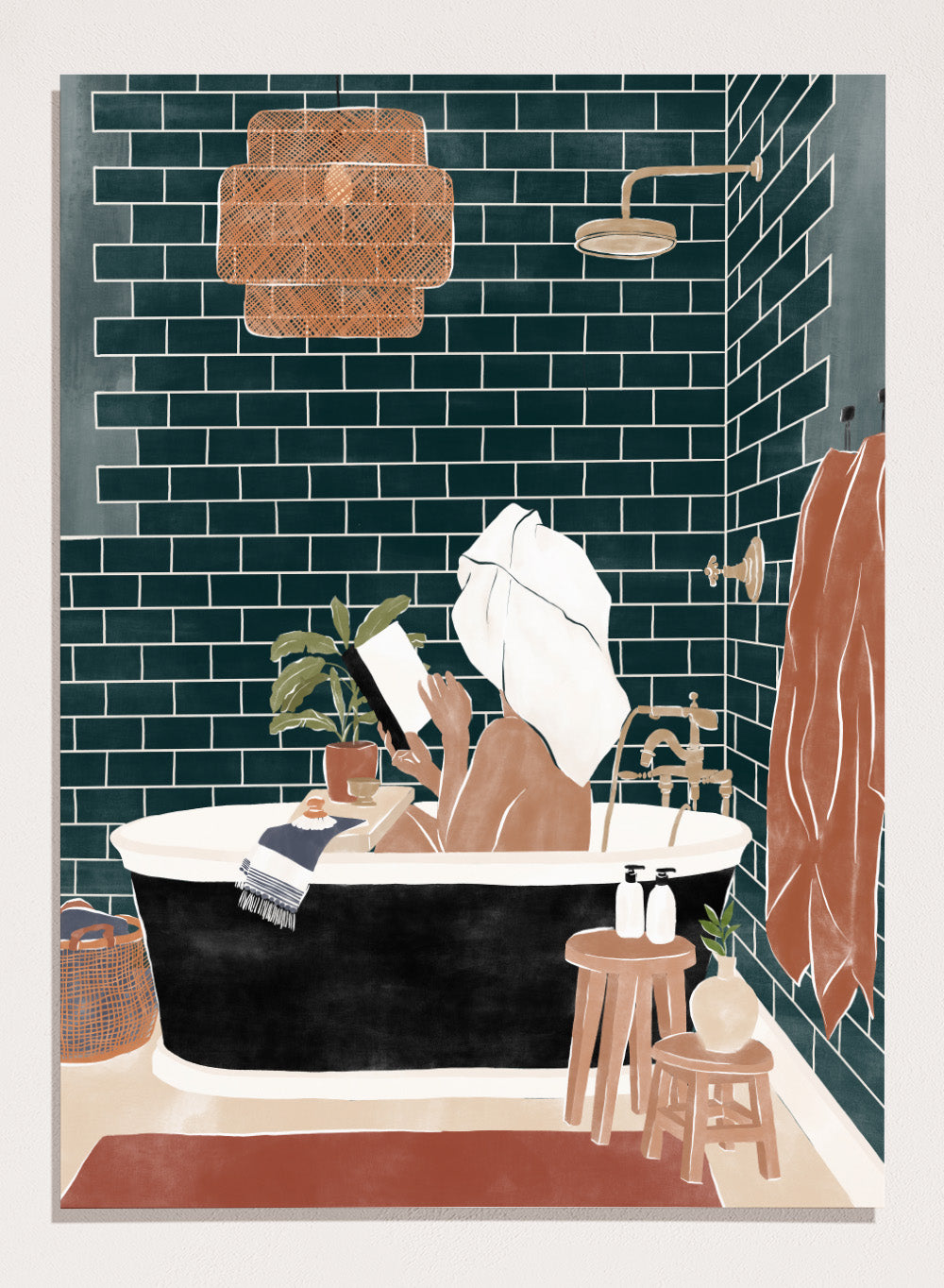 Bathroom Babe by Ivy Green is a contemporary illustration art print featuring a woman relaxing in a bathtub. Premium fine art print with real wood framing.