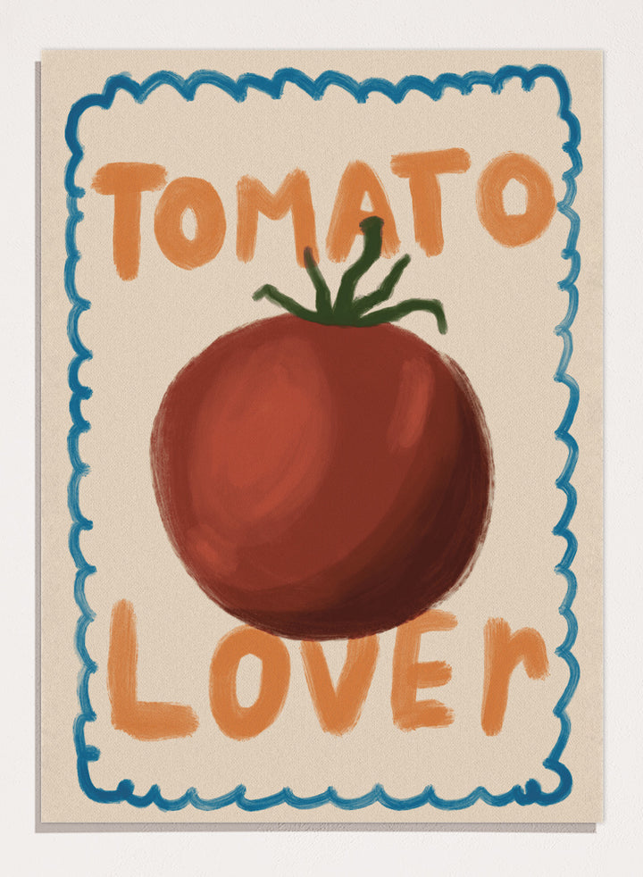 An art print featuring a painted red tomato with a green stem, surrounded by a scalloped blue border on a cream background. The words &