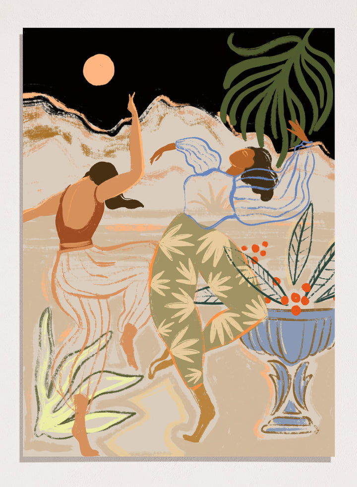Artistic depiction of two figures dancing with plants and a vase in the background. Moonlight Dance by Arty Guava is a modern illustration art print featuring dancing women, moon imagery, floral elements, and contemporary wall art design.