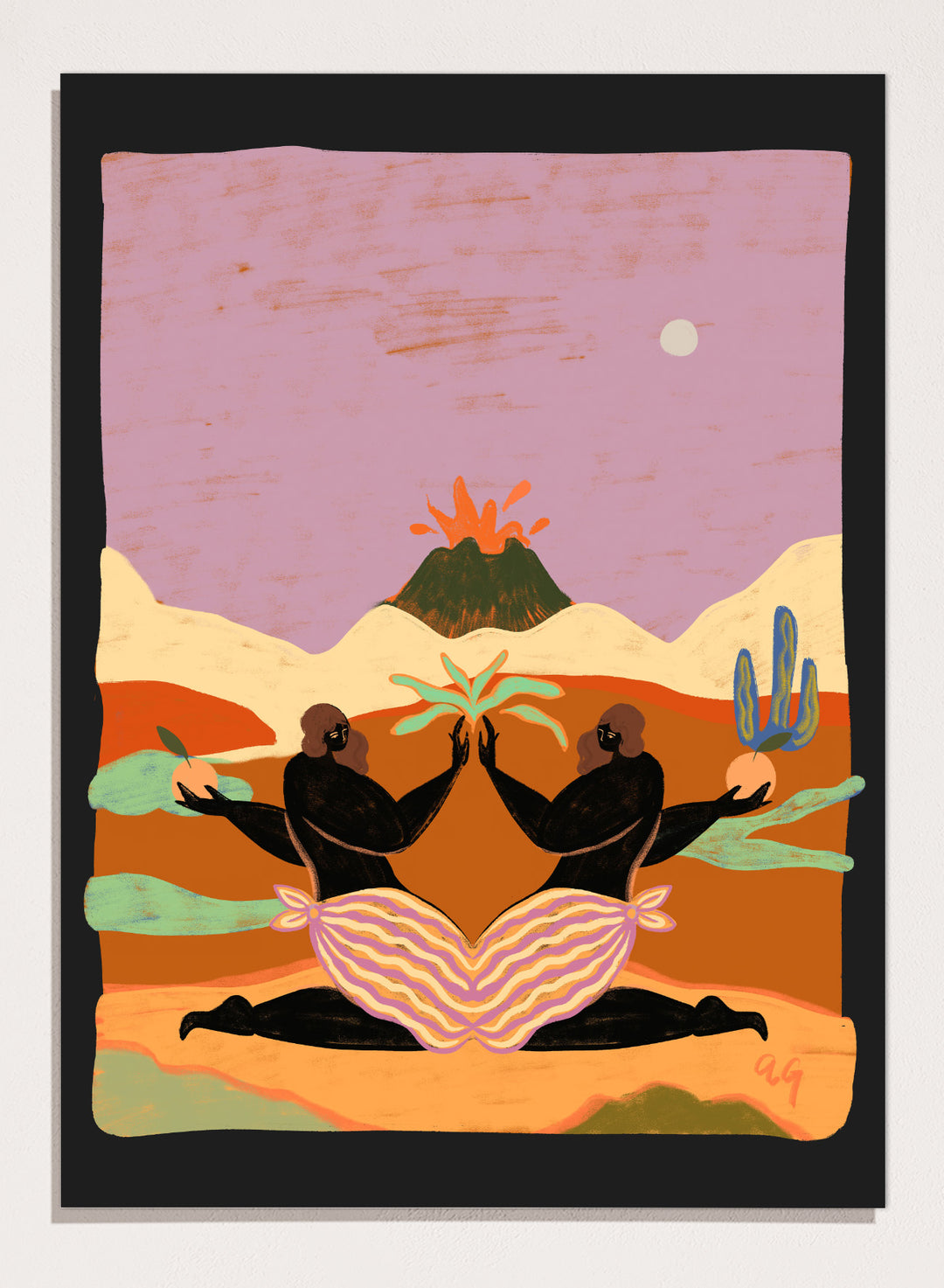 A framed art print featuring a stylized desert landscape with two black silhouetted figures seated in a lotus position, facing each other beneath a volcano and cacti, set against a pink sky. Lava by Arty Guava premium framed fine art print featuring mirrored women, tropical plants, and a glowing volcano in bold, surreal colors.