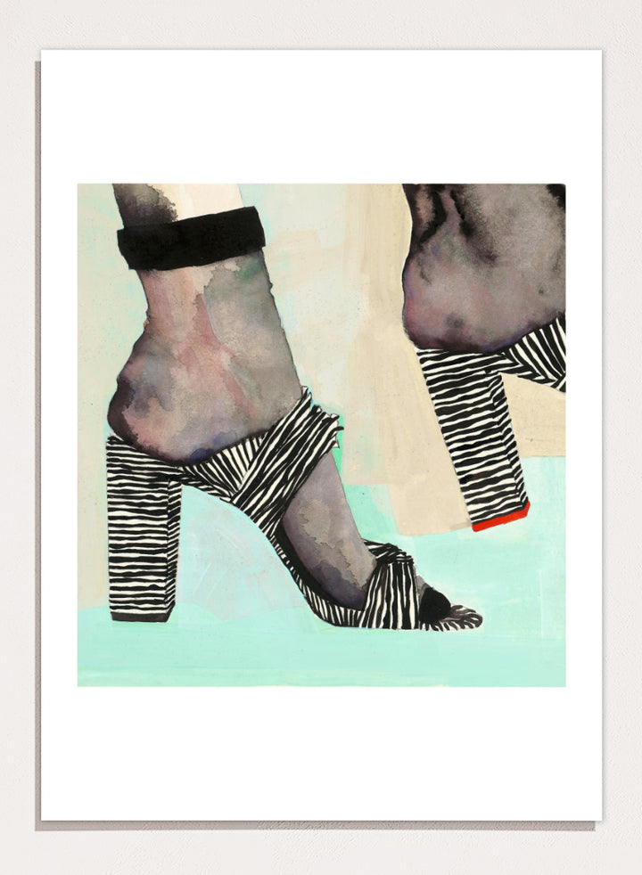 Shop Chic Zebra Heels by Sophia Novosel, a modern fashion wall art print poster featuring zebra-striped heels, bold black-and-white pattern, and a stylish cropped view.