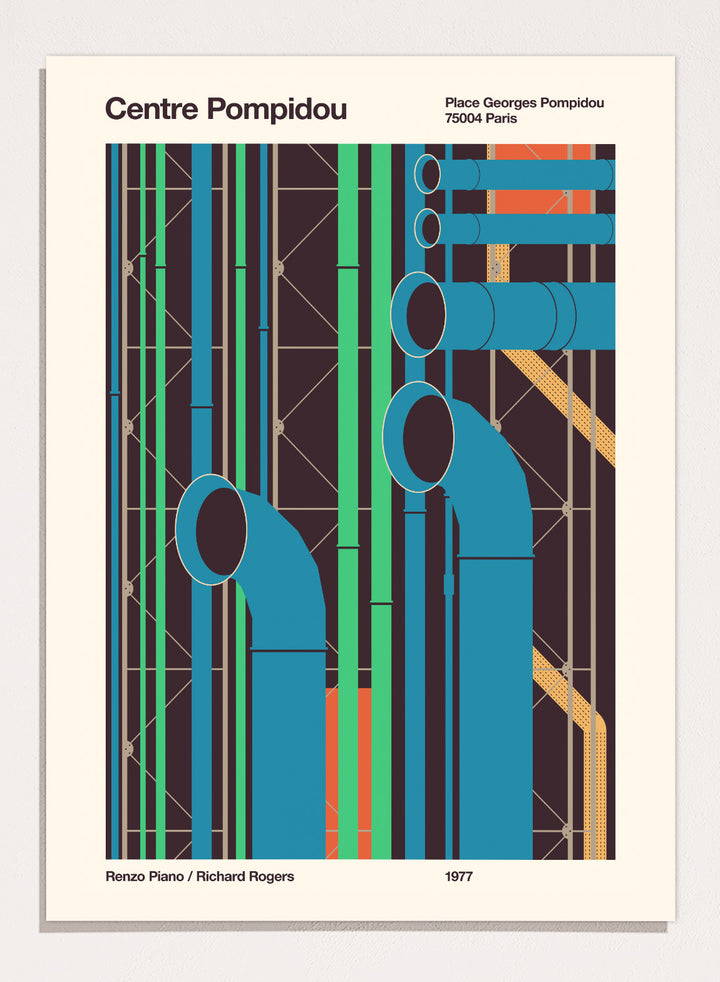 Poster of Centre Pompidou with abstract design and text. Colorful Architectural Pipes by Florent Bodart is a modern architectural art print inspired by Centre Pompidou pipes, a bold geometric wall poster with vibrant color.