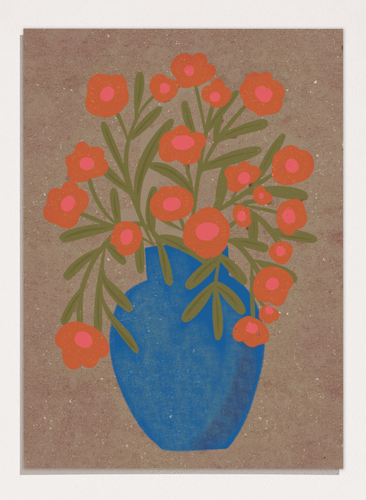 A stylized floral artwork showing orange flowers with pink centers and green stems arranged in a blue vase against a textured tan background. Shop Rustic Orange Floral Vase by Nikita Jariwala, a modern floral wall art print poster featuring a blue vase, orange flowers, and bold botanical style.