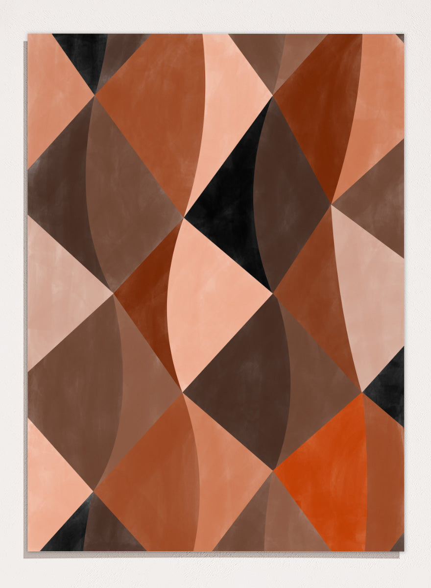 Shop Earthy Geometric Abstraction by Elena Ristova, a modern abstract wall art print poster featuring curved geometric shapes in rust, brown, pink, cream, and black.