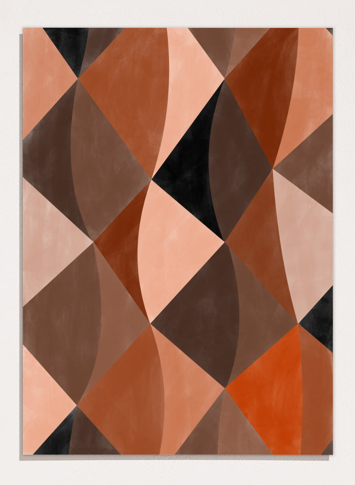 Shop Earthy Geometric Abstraction by Elena Ristova, a modern abstract wall art print poster featuring curved geometric shapes in rust, brown, pink, cream, and black.