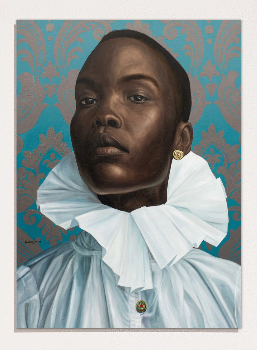 A portrait painting of a Black man with a shaved head, wearing a large white ruffled collar and light blue shirt, set against a teal and gold damask patterned background. Shop Regal Woman Ruff Collar by Damilare Jamiu, a contemporary portrait wall art print featuring a regal woman, dramatic white ruff collar, and rich teal tones.