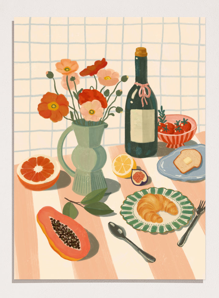 A stylized still life illustration showing a bottle, flowers in a pitcher, fruit, bread, and tableware on a striped surface against a grid background. Colorful Breakfast Still Life by Katarzyna Gąsiorowska art print featuring fruit, flowers, a croissant, and colorful kitchen tableware in soft modern tones.