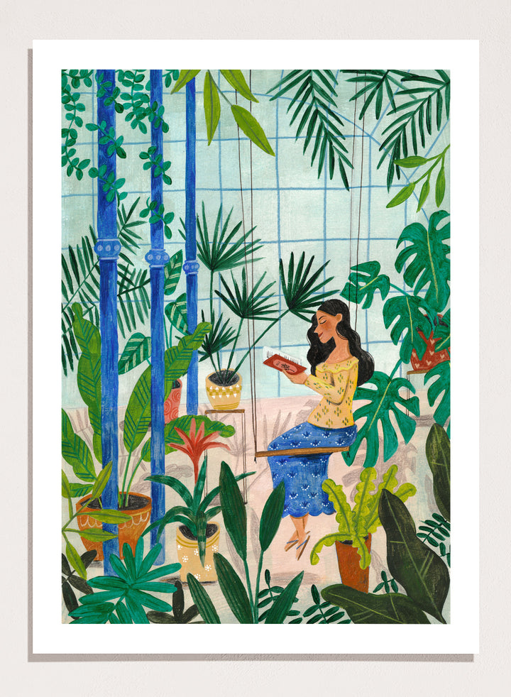 Woman sitting among plants in a room with bamboo and various greenery. Botanical Greenhouse Reader by Caroline Bonne Müller is a fine art print and wall poster featuring a woman reading in a lush indoor garden filled with tropical plants.