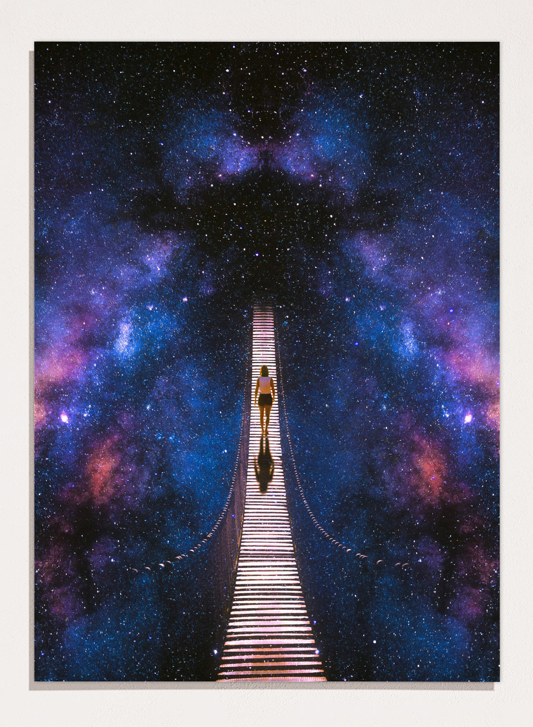 Person standing on a bridge stretching into space with a starry background. Infinity by Taudalpoi surreal cosmic bridge art print with lone figure walking through galaxy starscape, retro sci fi collage poster wall art.