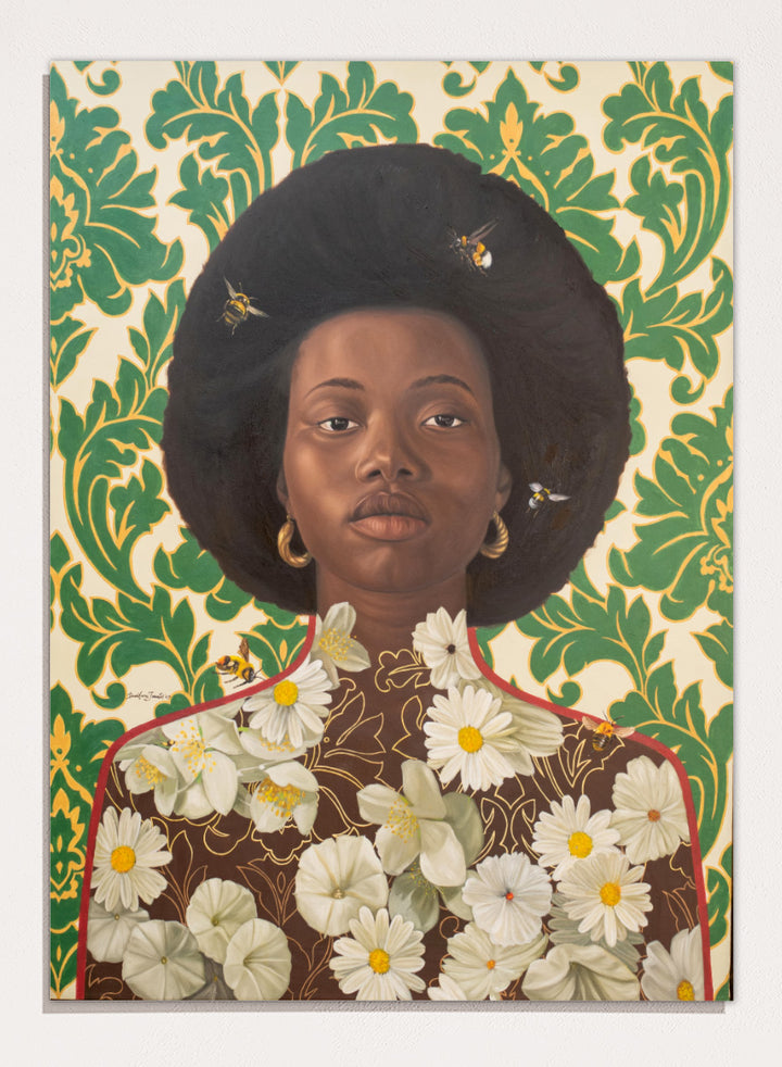 A stylized portrait artwork of a Black woman with an afro hairstyle, wearing gold hoop earrings and a brown top covered in white daisy flowers, set against a green and cream damask patterned background with small bees visible. Shop Afro Floral Portrait by Damilare Jamiu, a contemporary portrait wall art print featuring a woman with afro hair, floral details, bees, and rich green tones.