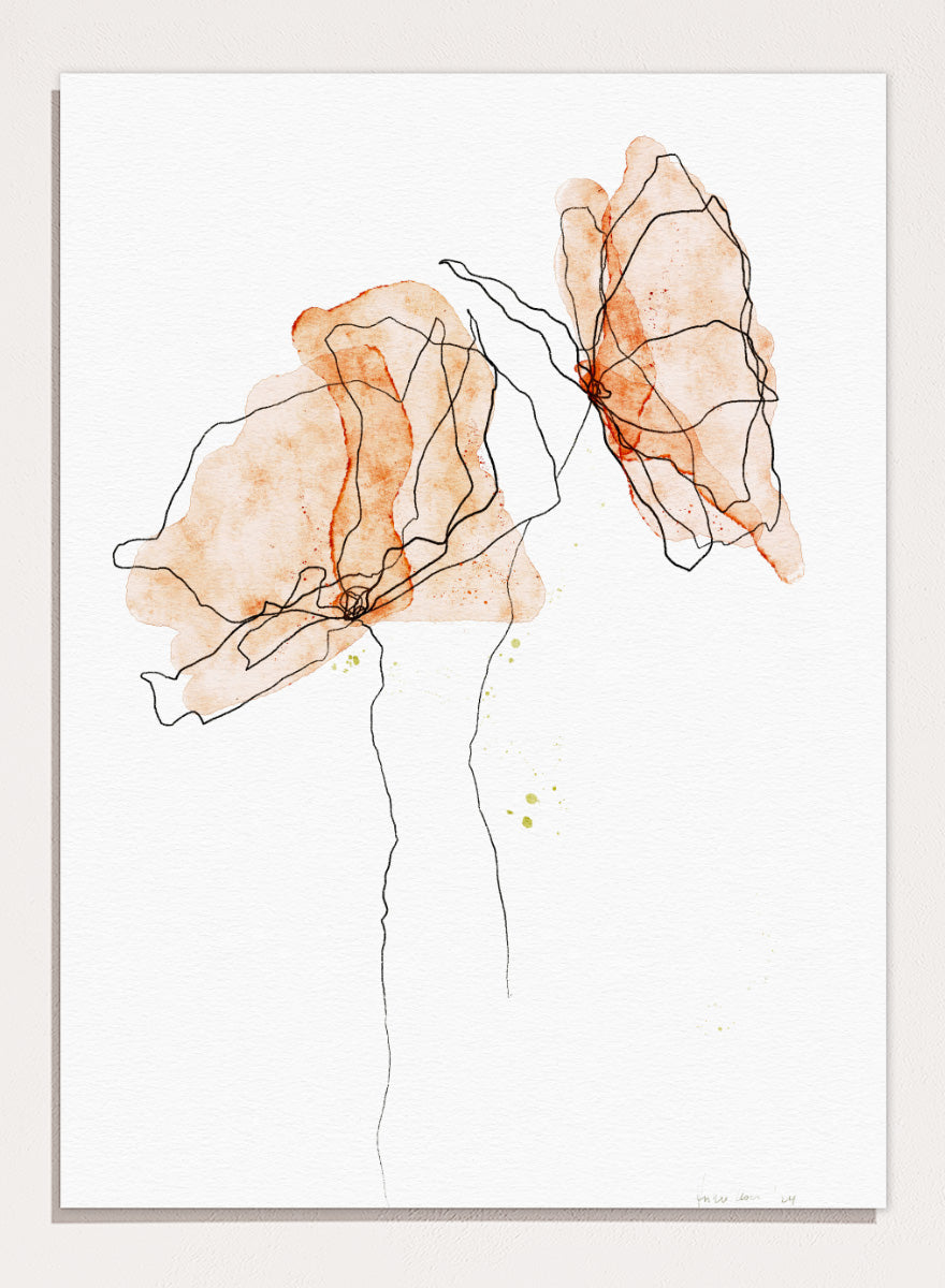 Abstract floral art print featuring two watercolor-style peach and orange flower shapes with thin black line details on a white background. Shop Abstract Peach Flowers by Ankie Kooi, a floral wall art print poster with abstract botanical line art, watercolor flowers, peach, orange, and black.