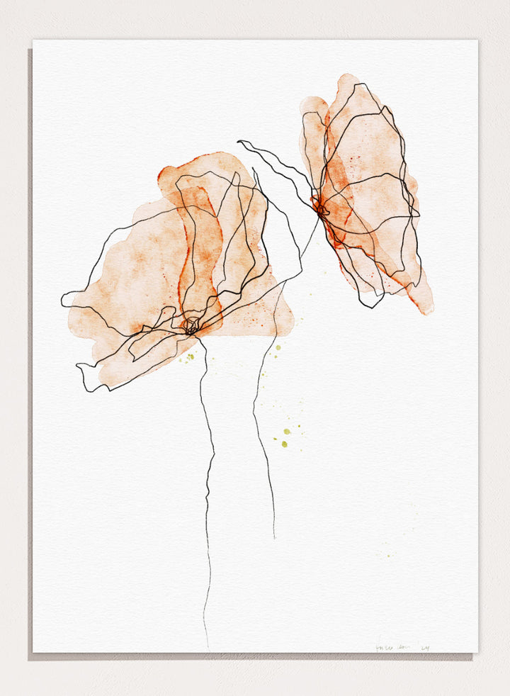 Abstract floral art print featuring two watercolor-style peach and orange flower shapes with thin black line details on a white background. Shop Abstract Peach Flowers by Ankie Kooi, a floral wall art print poster with abstract botanical line art, watercolor flowers, peach, orange, and black.
