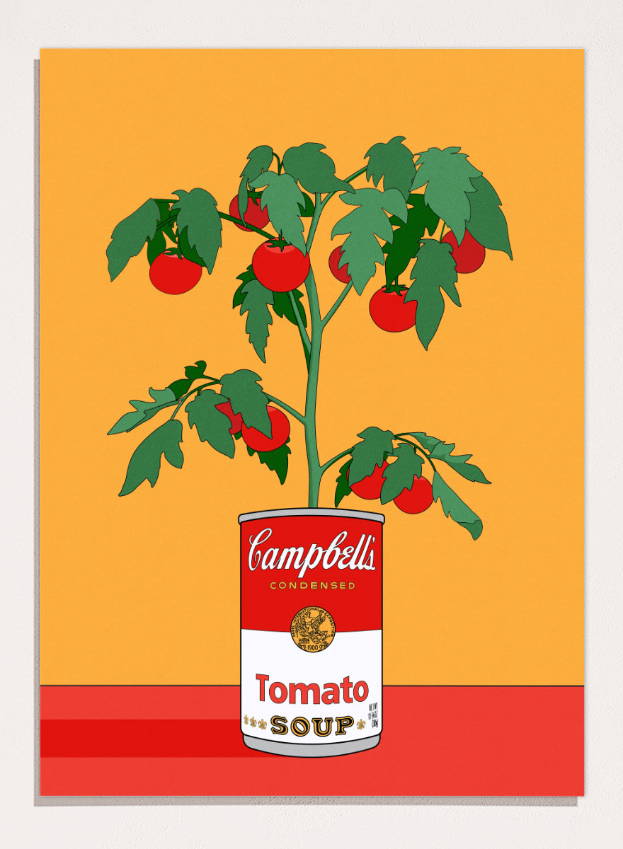 A stylized pop-art illustration of a tomato plant growing out of a Campbell&