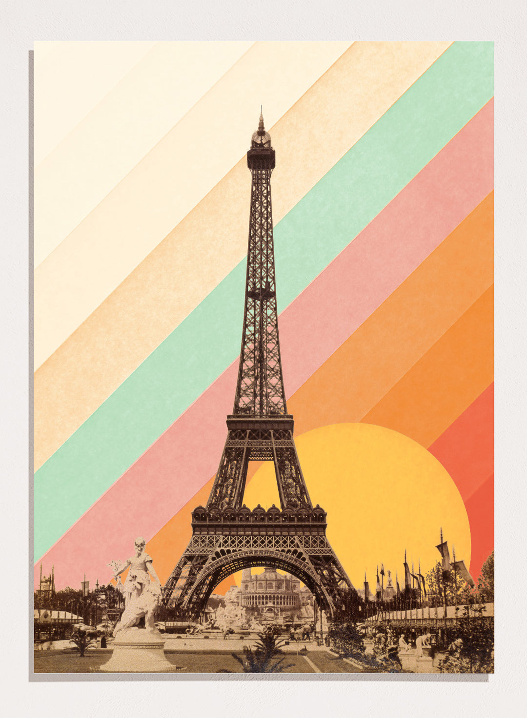 Eiffel Tower with a colorful geometric background. Eiffel Tower Retro Sunset by Florent Bodart is a Paris art print with vintage photo and colorful sunset stripes, a modern retro wall poster with bold graphic design.