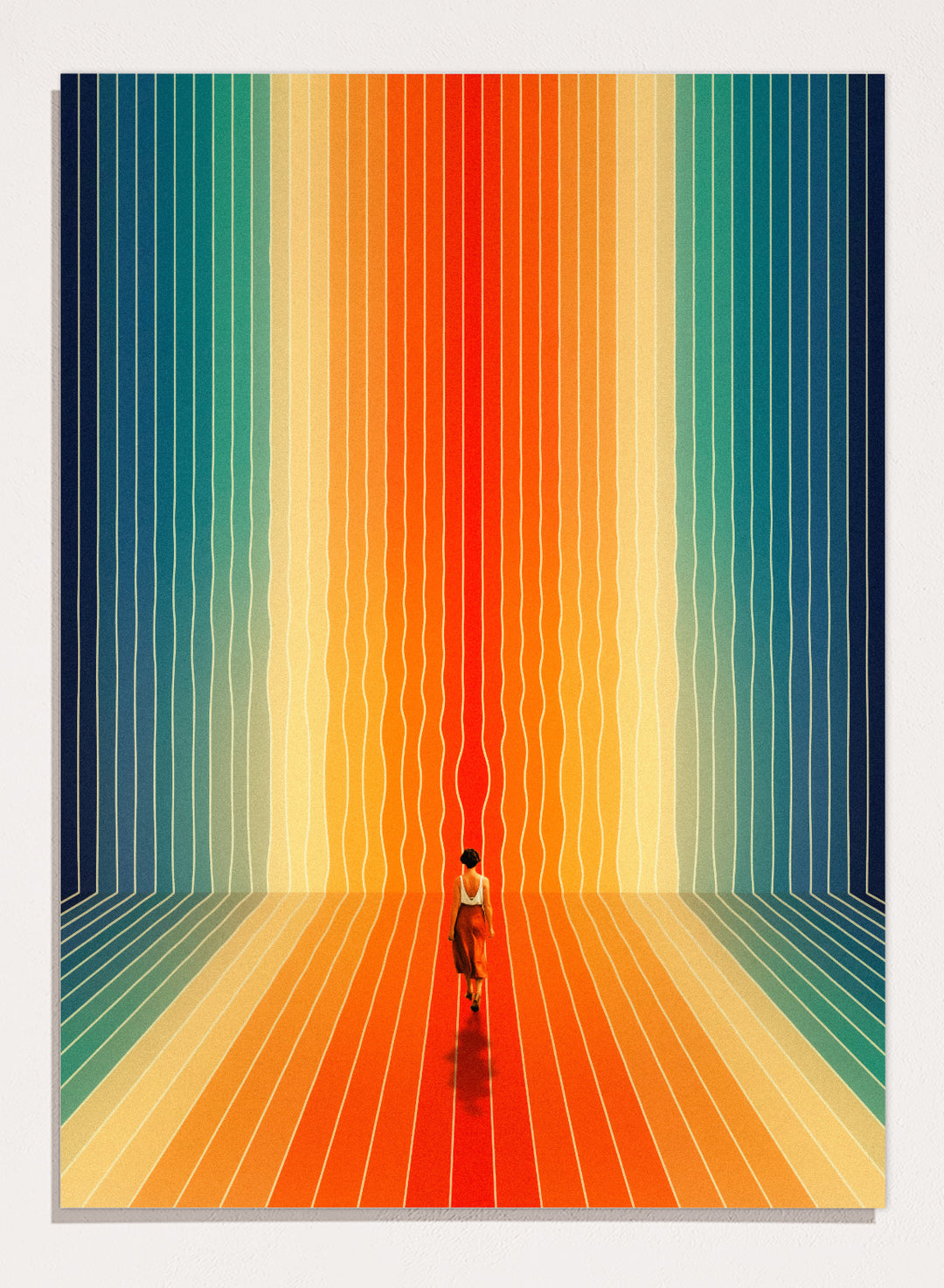 Artistic depiction of a person standing in a colorful, vertically striped space. Here I Come by Taudalpoi surreal retro sci-fi corridor art print with colorful perspective lines and lone figure, cosmic vintage style poster wall art.