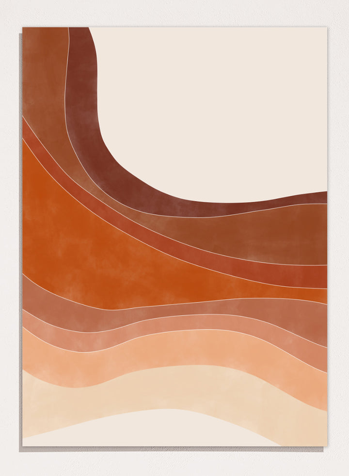 Shop Warm Desert Layers No.2 by Elena Ristova, a modern desert wall art print poster featuring flowing rust, peach, cream, and warm earthy layered shapes.