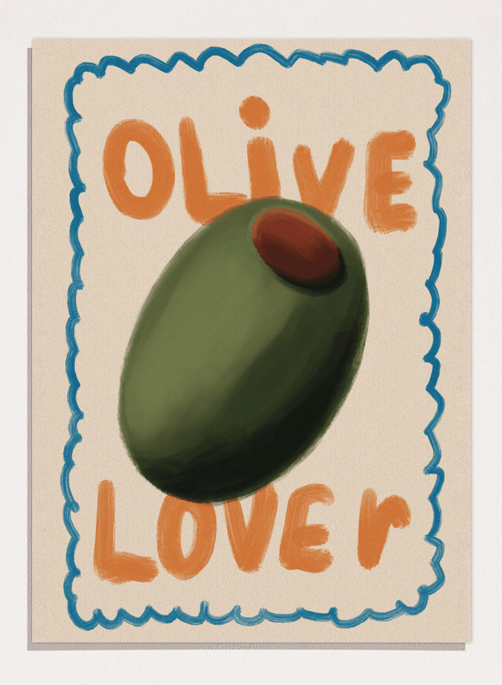 An art print featuring a stylized illustration of an olive with the words &