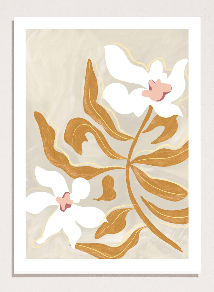 Decorative artwork with stylized flowers on a beige background. Flower Flower Flower by Arty Guava is a modern floral art print with oversized white blossoms and golden leaves. Officially licensed wall poster.